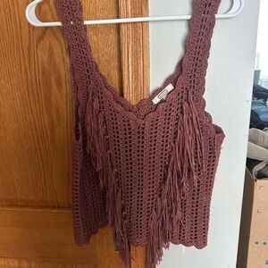 Gimmicks by BKE Maroon Crochet Fringe Tank Top